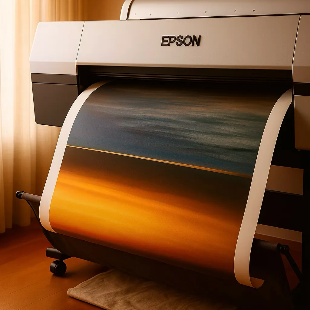 מדפסת Epson רחבת פורמט מדפיסה נוף צבעוני על נייר אמנות