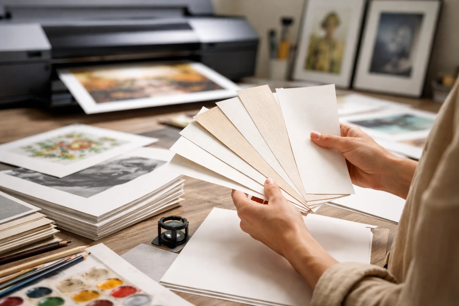בחירת נייר Fine Art מדוגמאות לצד הדפסי אמנות בסטודיו SBY