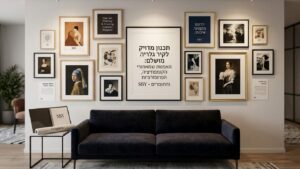 קיר גלריה מוקפד עם תמונות טבע ואמנות מעל ספה בסלון